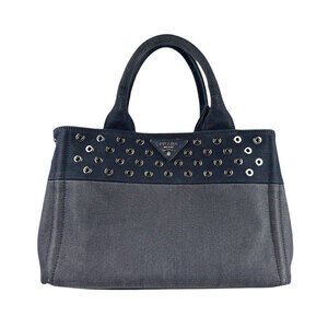 Prada Canapa Shoulder Bag Navy Blue Silver Denim Canvas
